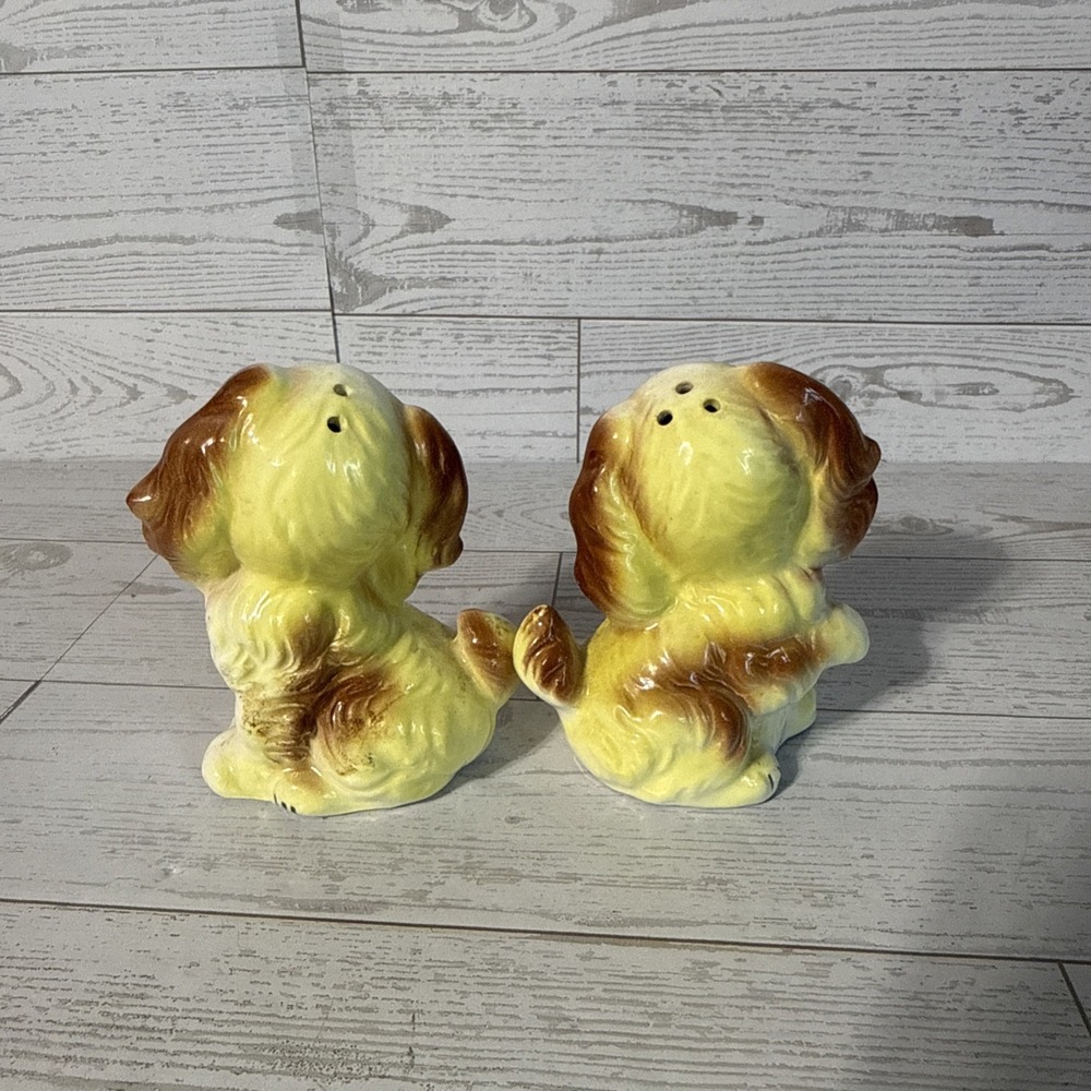 VTG Japan Ceramic Puppy Dog Salt Pepper Shakers Big Eye Cocker Spaniel Pair - Picture 5 of 9